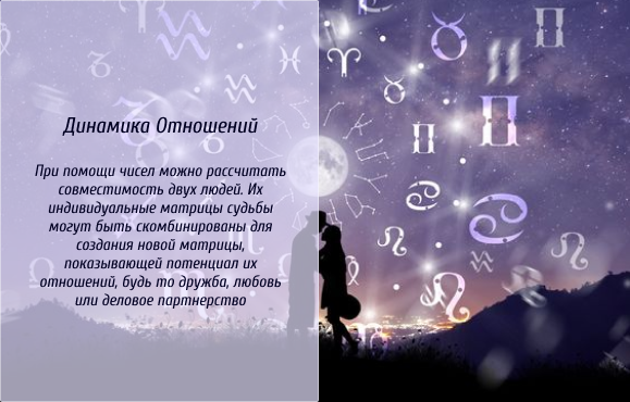 Динамика Отношений: При помощи чисел можно рассчитать совместимость двух людей. Их индивидуальные матрицы судьбы могут быть скомбинированы для создания новой матрицы, показывающей потенциал их отношений, будь то дружба, любовь или деловое партнерство